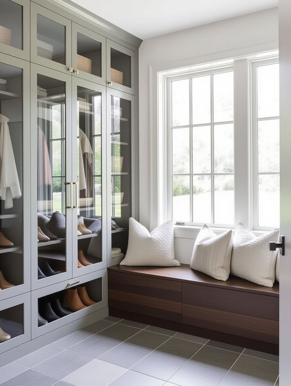 stylish glass front mudroom cabinets